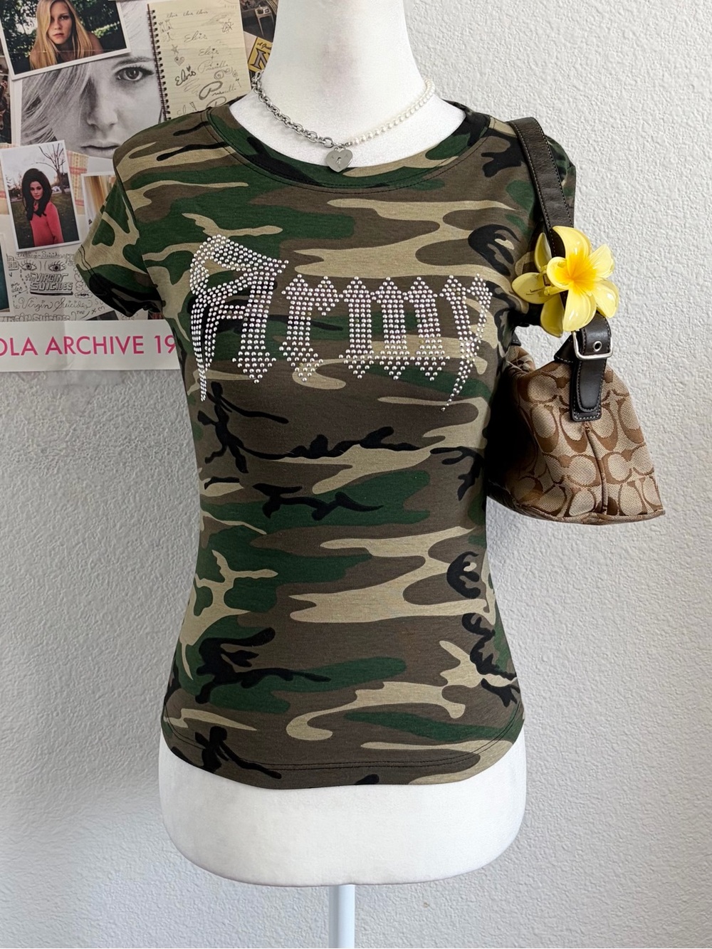 Vintage Y2K Deadstock “Army” Rhinestone Graphic Camo Baby Tee